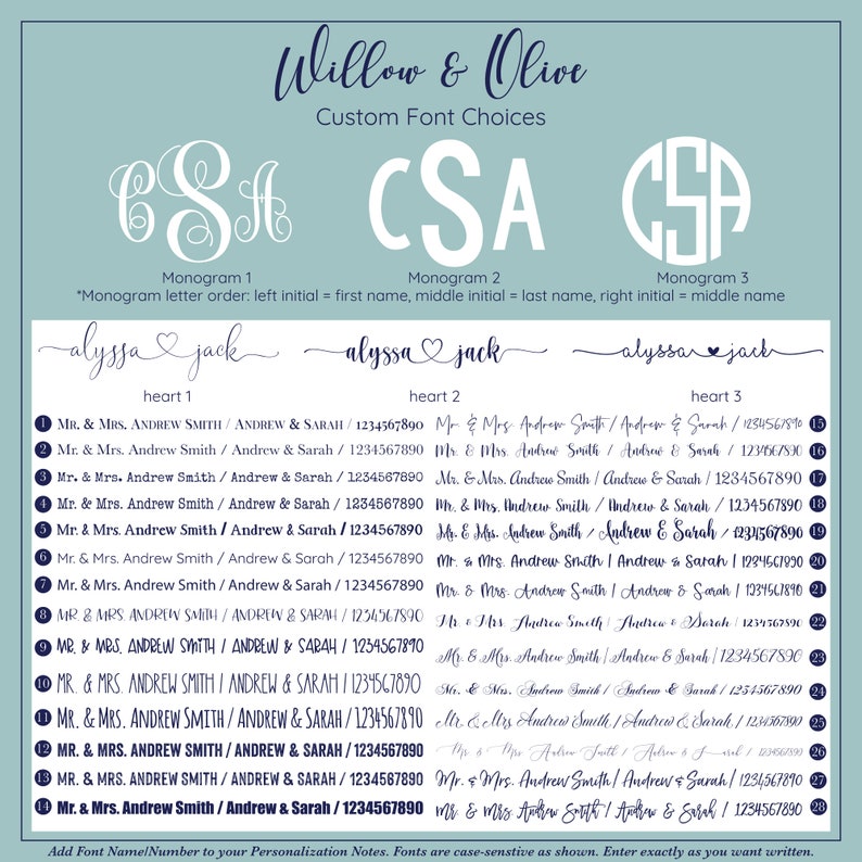 Puede incluir: Una plantilla de invitaci&oacute;n de boda imprimible azul y blanca con un coraz&oacute;n y los nombres "alyssa" y "jack" en la parte superior. La plantilla incluye una lista de 20 formas diferentes de escribir los nombres de la pareja, "Mr. & Mrs. Andrew Smith / Andrew & Sarah", con un n&uacute;mero correspondiente y un n&uacute;mero de tel&eacute;fono. El texto "A&ntilde;adir el nombre y el n&uacute;mero de la fuente a sus notas de personalizaci&oacute;n. Las fuentes distinguen entre may&uacute;sculas y min&uacute;sculas como se muestra. Introduzca exactamente como lo desea." est&aacute; en la parte inferior de la plantilla.