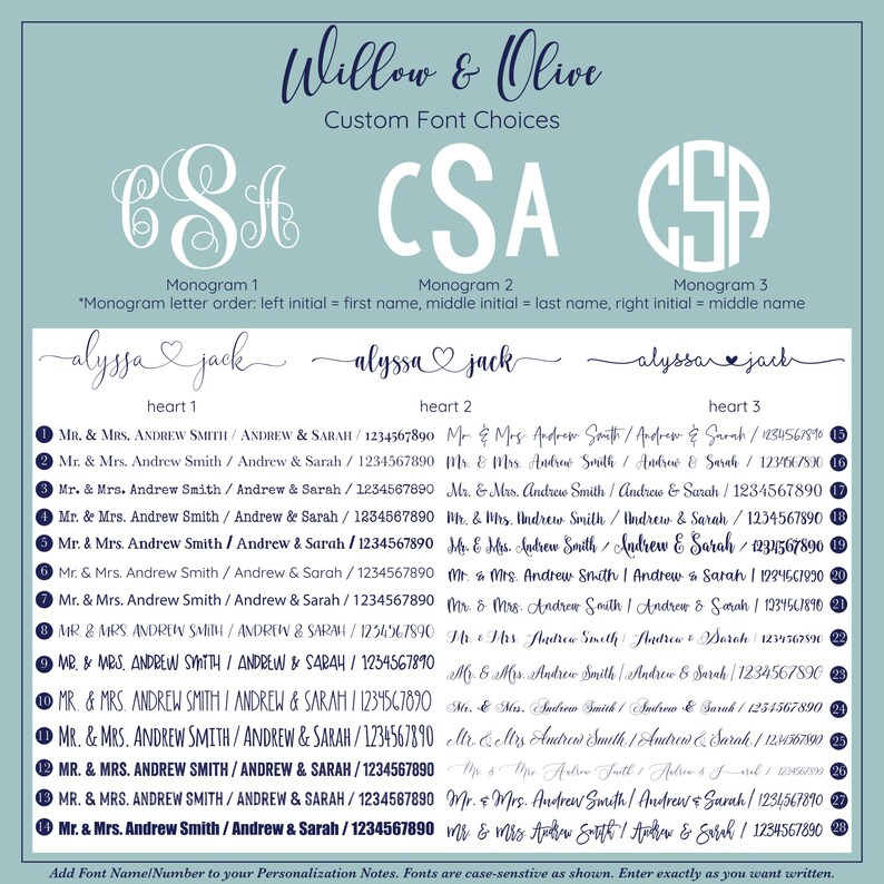 May include: A blue and white printable wedding invitation template with a heart and the names "alyssa" and "jack" at the top. The template includes a list of 20 different ways to write the names of the couple, "Mr. & Mrs. Andrew Smith / Andrew & Sarah", with a corresponding number and a phone number. The text "Add Font Name/Number to your Personalization Notes. Fonts are case-sensitive as shown. Enter exactly as you want written." is at the bottom of the template.