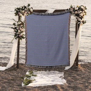 Navy and White Stripe Organic Cotton Throw Blanket, Woven Blanket, Nautical Decor, Coastal Decor, Lake House Decor Gift, Blue Stripe Textile image 7