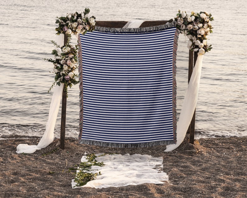 Navy and White Stripe Organic Cotton Throw Blanket, Woven Blanket, Nautical Decor, Coastal Decor, Lake House Decor Gift, Blue Stripe Textile image 7