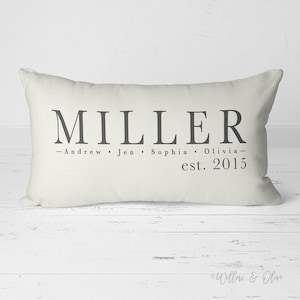 Personalized Family Name and Established Date lumbar throw pillow 20 by 14 inches. Custom last name and first names on lines one and two with established year on line three. Choice of text and background colors. Design printed on both sides.