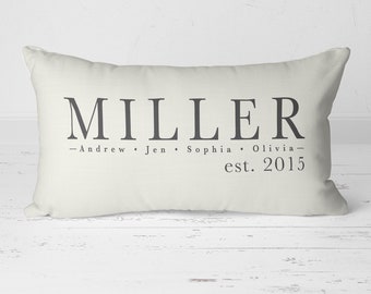 May include: A white rectangular cushion with the text "MILLER - Andrew • Jen • Sophia • Olivia - est. 2015" printed in black.
