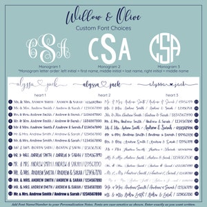 May include: A blue and white printable wedding invitation template with a heart and the names "alyssa" and "jack" at the top. The template includes a list of 20 different ways to write the names of the couple, "Mr. & Mrs. Andrew Smith / Andrew & Sarah", with a corresponding number and a phone number. The text "Add Font Name/Number to your Personalization Notes. Fonts are case-sensitive as shown. Enter exactly as you want written." is at the bottom of the template.