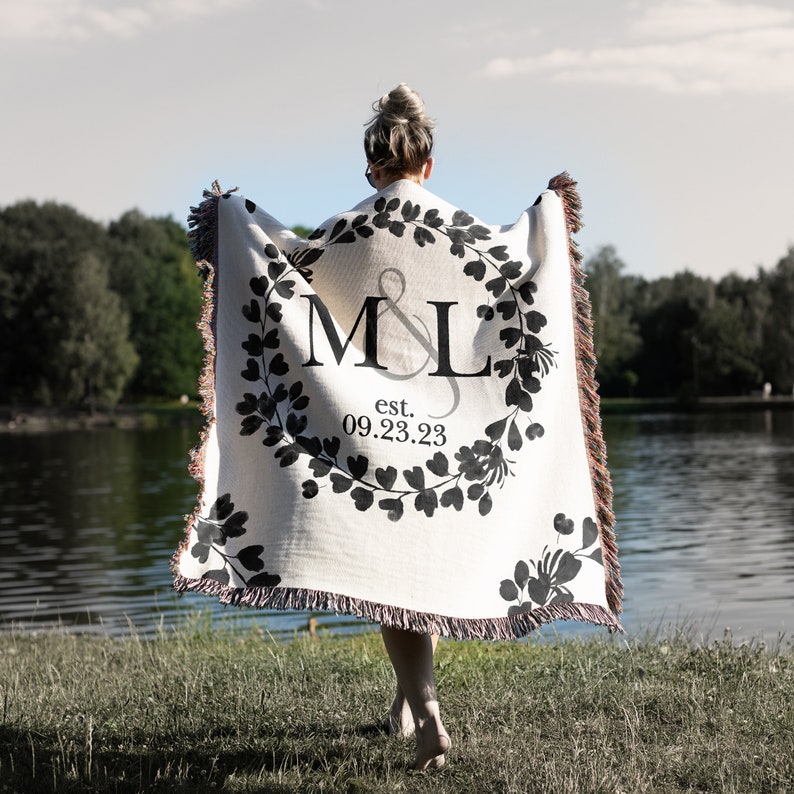 Cotton Anniversary Gift Personalized Throw Blanket Second Anniversary Gift for Wife Gift for Couples Initials Established Date Wedding Gift
