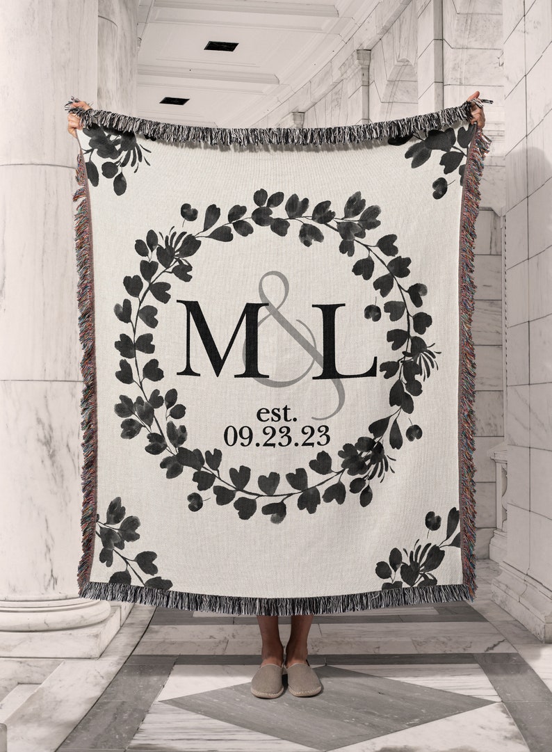 Cotton Anniversary Gift Personalized Throw Blanket Second Anniversary Gift for Wife Gift for Couples Initials Established Date Wedding Gift image 7