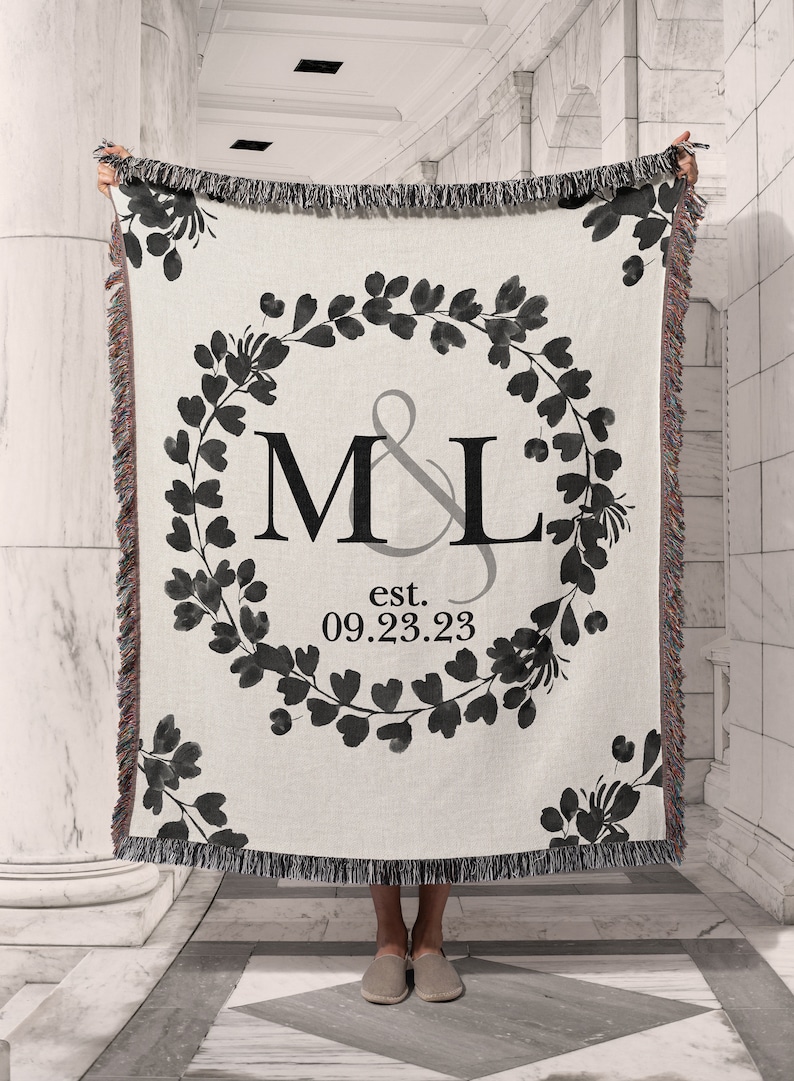 Cotton Anniversary Gift Personalized Throw Blanket Second Anniversary Gift for Wife Gift for Couples Initials Established Date Wedding Gift