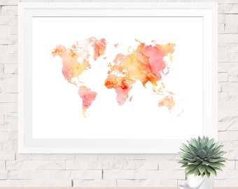 World Map Art Print Poster, Pastel Nursery Decor, Pink Coral and White, Map Print, World Map Print, Travel Decor, Girls Room Art, Map Print