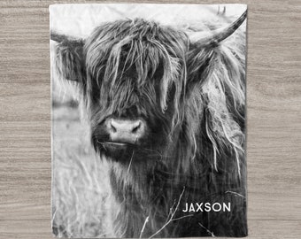 Highland Cow Blanket, Baby Boy Blanket, Cow Blanket Name, Farm Animal Nursery Decor, Personalized Name Blanket, Scottish Cow Baby Gift Idea