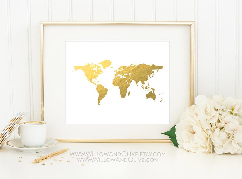 Travel Decor Gold World Map Gold Map Art Home Office Wall Art White /& Gold Minimalist Art WORLD MAP Faux Gold Foil Art Print