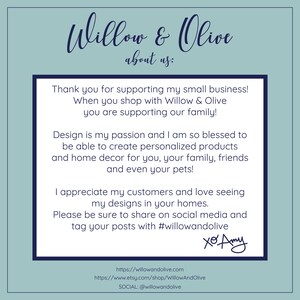 Puede incluir: Un gr&aacute;fico turquesa y blanco con el texto "Willow & Olive" y "acerca de nosotros:". El texto dentro del gr&aacute;fico dice "&iexcl;Gracias por apoyar mi peque&ntilde;a empresa!" y m&aacute;s sobre el negocio. El gr&aacute;fico tambi&eacute;n incluye el sitio web y la informaci&oacute;n de las redes sociales del negocio.