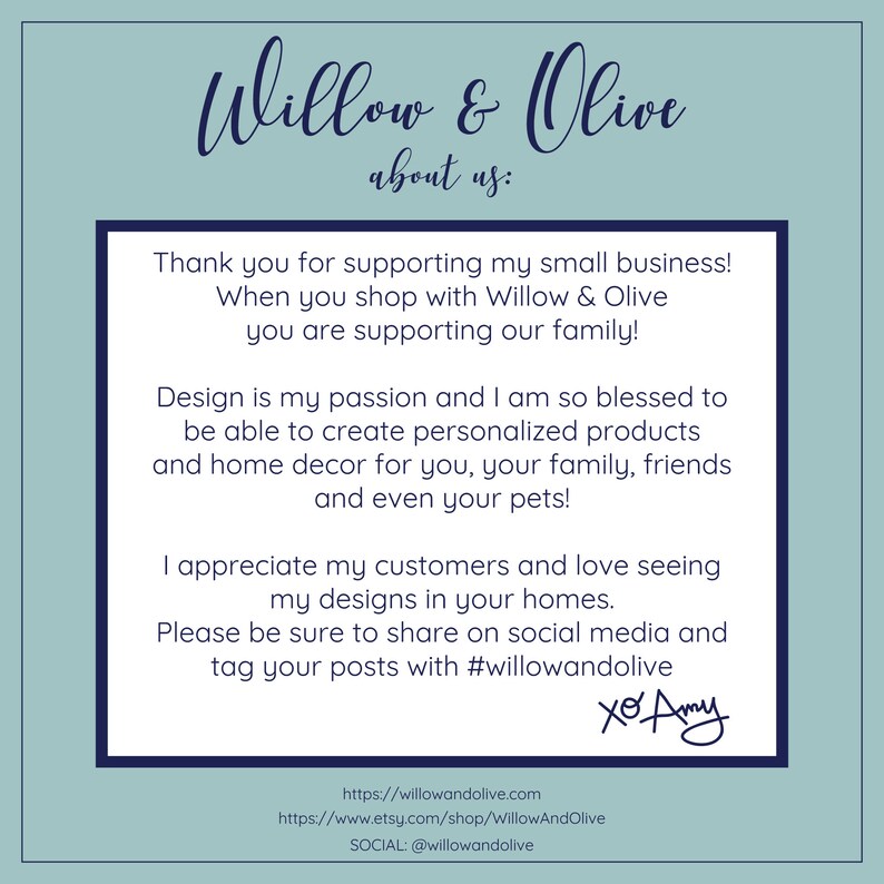 Puede incluir: Un gr&aacute;fico turquesa y blanco con el texto "Willow & Olive" y "acerca de nosotros:". El texto dentro del gr&aacute;fico dice "&iexcl;Gracias por apoyar mi peque&ntilde;a empresa!" y m&aacute;s sobre el negocio. El gr&aacute;fico tambi&eacute;n incluye el sitio web y la informaci&oacute;n de las redes sociales del negocio.
