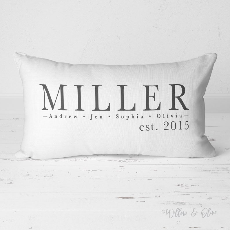 Personalized Family Name and Established Date lumbar throw pillow 20 by 14 inches. Custom last name and first names on lines one and two with established year on line three. Choice of text and background colors. Design printed on both sides.