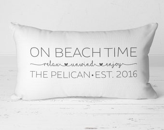 Lumbar Pillow, Custom Personalized Pillow, Personalized Family Name Established Date Pillow, Beach House Pillow, On Beach Time, 20-003