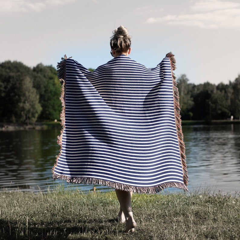 Navy and White Stripe Organic Cotton Throw Blanket, Woven Blanket, Nautical Decor, Coastal Decor, Lake House Decor Gift, Blue Stripe Textile image 6