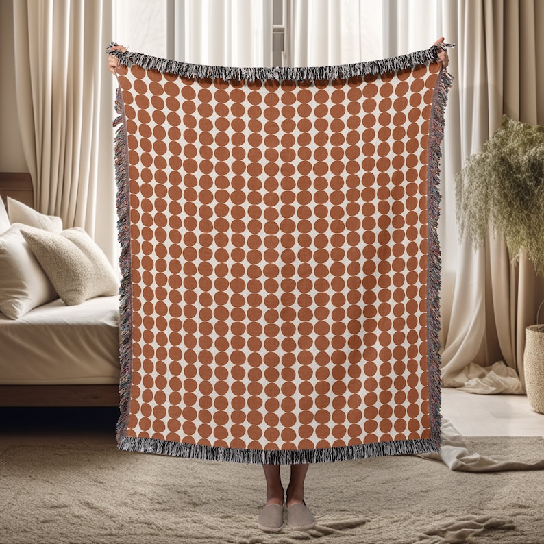 Mid Century Modern Blanket Burnt Orange Home Decor Woven Throw for Couch Bed Sofa Birthday Gift for Her Cotton Anniversary Unique Textile image 2