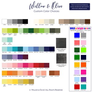 Puede incluir: Una carta de colores de Willow & Olive, con una amplia gama de opciones de colores personalizados. La carta incluye varios tonos de gris, verde, azul, morado, rosa, naranja, amarillo y tonos neutros, junto con opciones de colores brillantes.