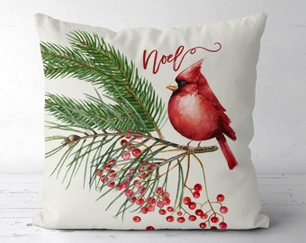 Christmas Pillow, Holiday Pillow, Noel Pillow, Red Cardinal Bird, Christmas Decor, Cardinal Bird Pillow, Red Cardinal In Pine,  21-021