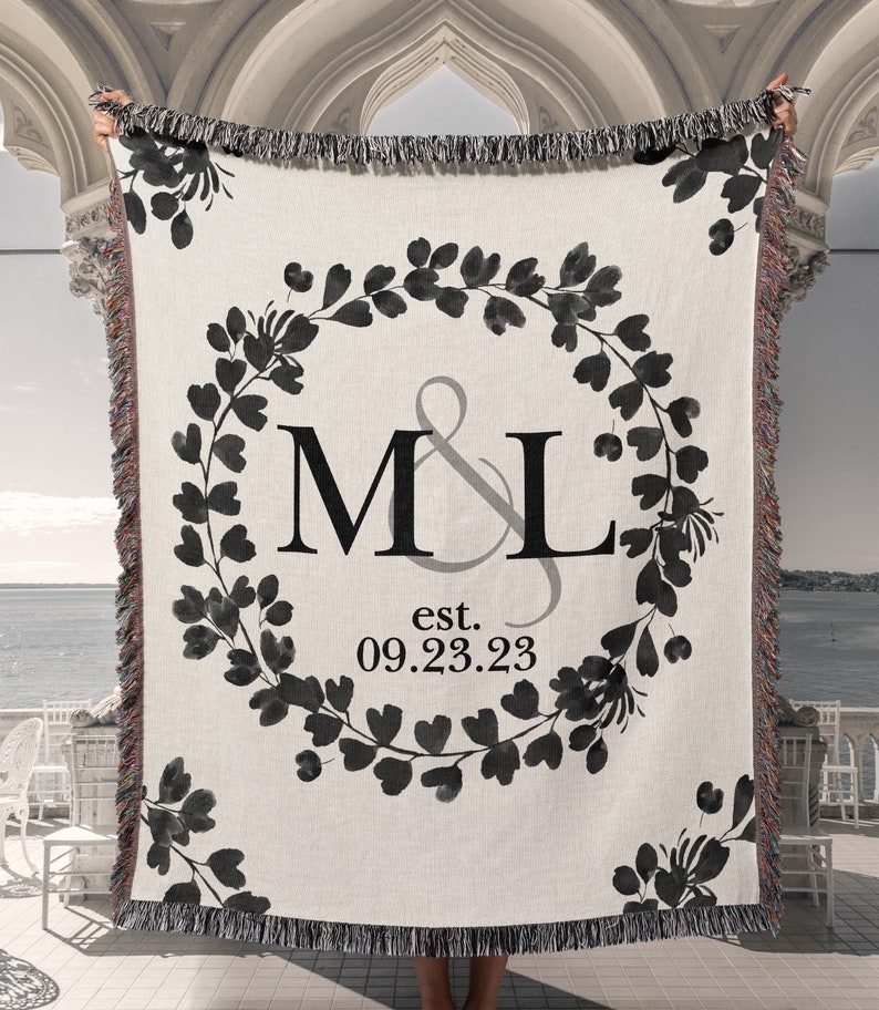 Cotton Anniversary Gift Personalized Throw Blanket Second Anniversary Gift for Wife Gift for Couples Initials Established Date Wedding Gift