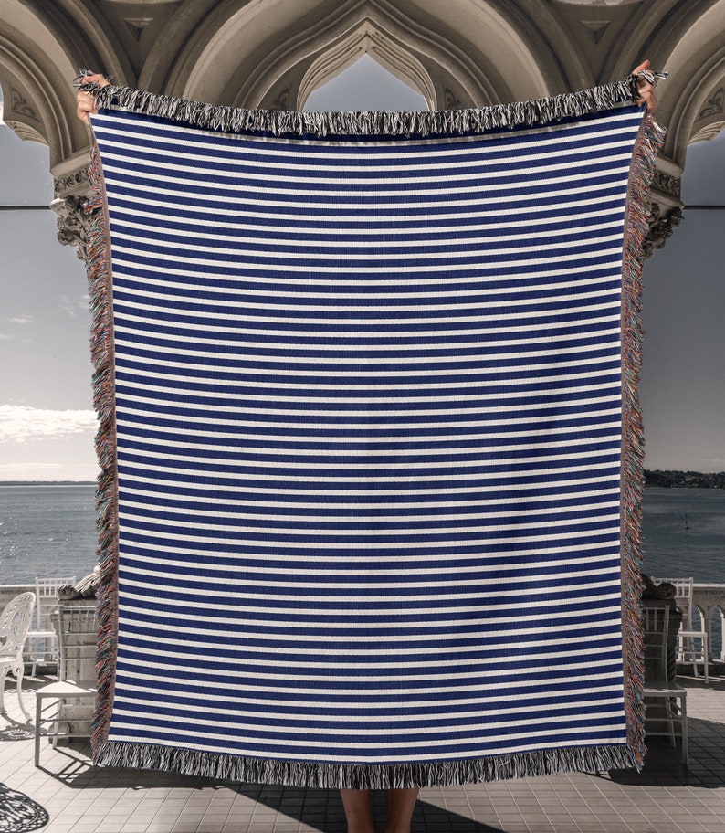 Navy and White Stripe Organic Cotton Throw Blanket, Woven Blanket, Nautical Decor, Coastal Decor, Lake House Decor Gift, Blue Stripe Textile image 9