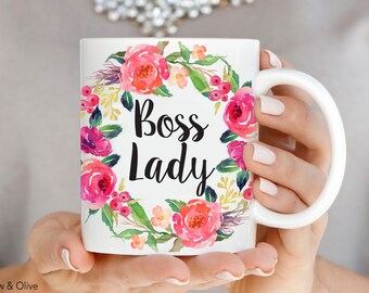 Boss Lady Floral Wreath Ceramic Mug, Personalized Gift