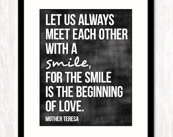 Mother Teresa Quote, Meet With a Smile, Christian Wall Decor, Typography Art Print Poster, Christian Wall Decor, Inspirational Quote Print.