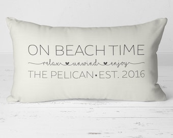 Beach House Pillow, Custom Personalized Pillow, Family Name Established Date Pillow, Beach Pillow, Beach Decor, Lumbar Pillow, 20-003