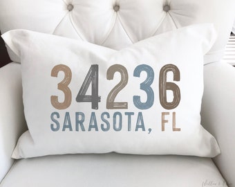 Zip Code Pillow, Custom Throw Pillow, Neutral Colors, Personalized Lumbar Pillow, Housewarming Gift, New Home Gift, Gift from Realtor