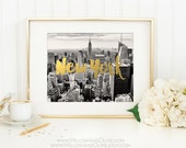 Impresión de la ciudad de Nueva York, horizonte de Manhattan, horizonte de la ciudad de Nueva York, cartel de impresión de viaje, impresión de arte de Nueva York, arte de la pared de oro, lámina de oro falso