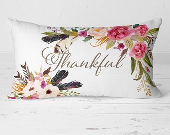 Thankful Pillow, Fall Pillow, Thanksgiving Pillow, Autumn Pillow, Lumbar Pillow, Rectangle Pillow, Farmhouse Pillow, Floral Pillow,  20-010