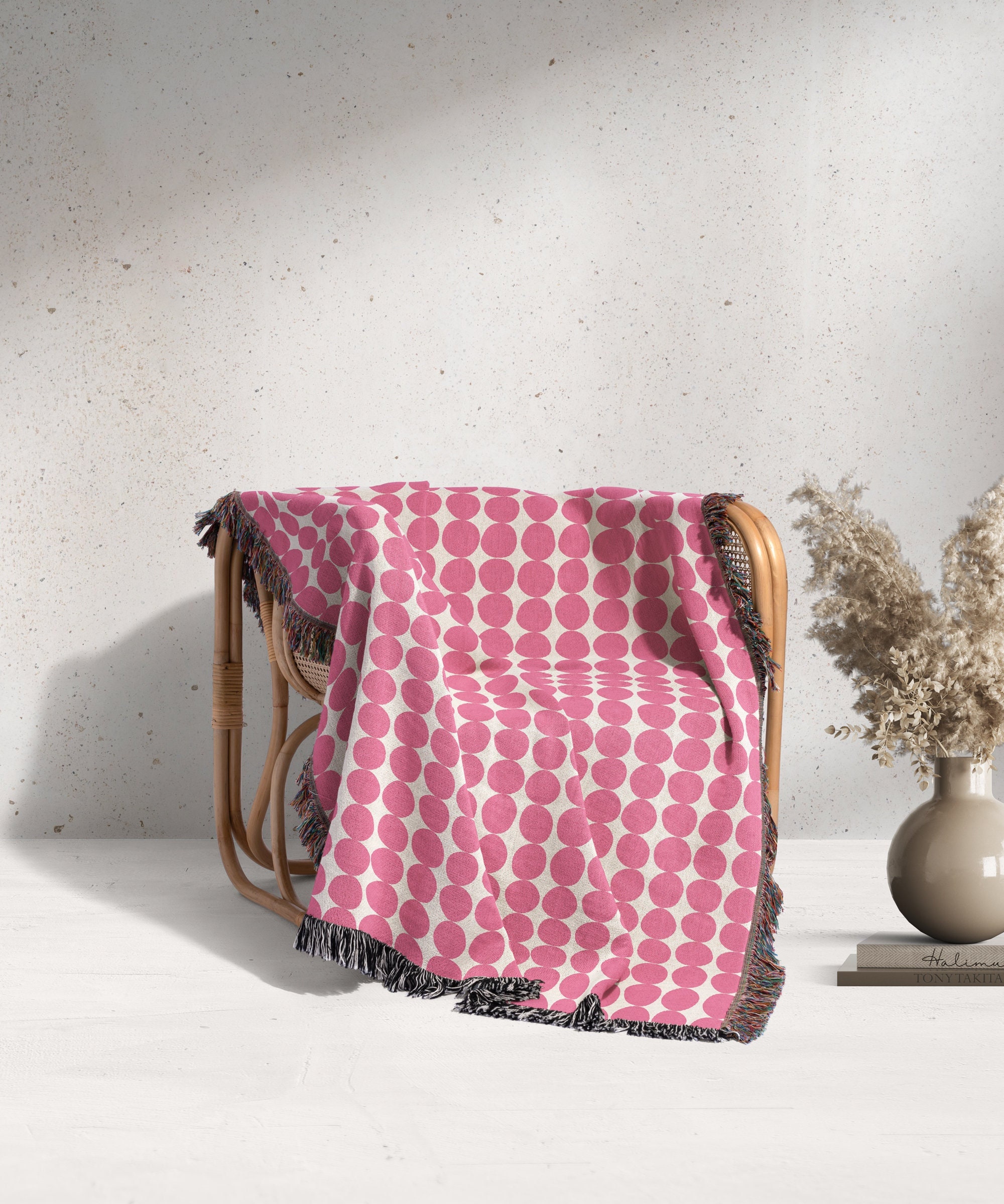 Pink Cotton Woven Throw Blanket: Mid-Century Modern Sofa Blanket