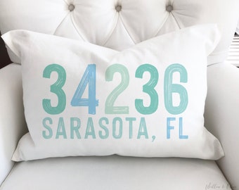 Beach House Pillow, Zip Code Pillow, Coastal Pillows, Personalized Lumbar Pillow, Housewarming Gift, New Home Gift, Gift from Realtor