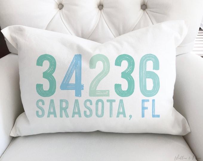 Beach House Pillow, Zip Code Pillow, Coastal Pillows, Personalized Lumbar Pillow, Housewarming Gift, New Home Gift, Gift from Realtor