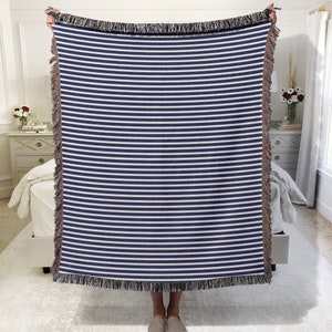 Navy and White Stripe Organic Cotton Throw Blanket, Woven Blanket, Nautical Decor, Coastal Decor, Lake House Decor Gift, Blue Stripe Textile image 8