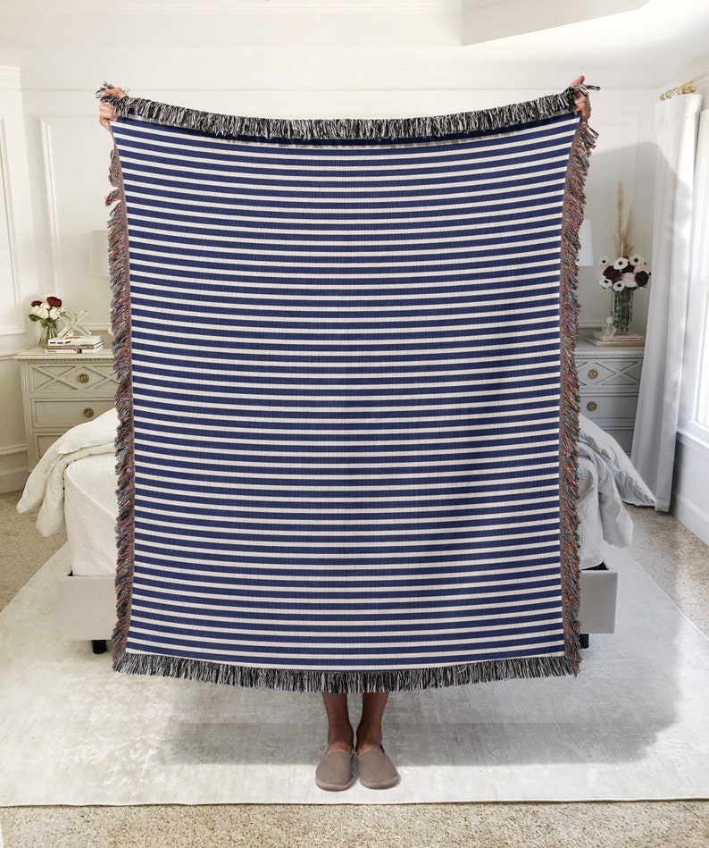 Navy and White Stripe Organic Cotton Throw Blanket, Woven Blanket, Nautical Decor, Coastal Decor, Lake House Decor Gift, Blue Stripe Textile image 8