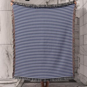 Navy and White Stripe Organic Cotton Throw Blanket, Woven Blanket, Nautical Decor, Coastal Decor, Lake House Decor Gift, Blue Stripe Textile image 10