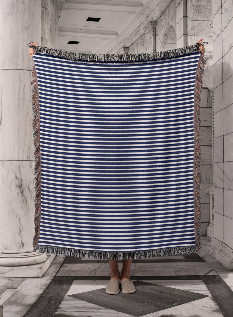 Navy and White Stripe Organic Cotton Throw Blanket, Woven Blanket, Nautical Decor, Coastal Decor, Lake House Decor Gift, Blue Stripe Textile image 10