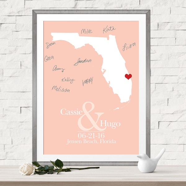 Beach Wedding Guest Book Sign, Florida Beach Wedding Guestbook, Destination Wedding Sign, Map Print, Guest Signing Board, Any State Country