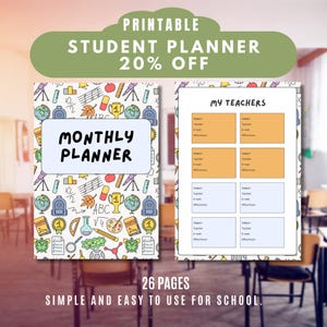 Peut inclure: Un planificateur étudiant imprimable avec une couverture colorée ornée d'illustrations sur le thème de l'école. Le planificateur comprend une section "Monthly Planner" et des pages pour suivre les informations des enseignants. Le texte indique "26 pages, simple et facile à utiliser pour l'école."