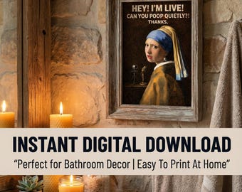 Parodia del baño de la chica con el pendiente de perla - Impresión artística divertida del baño - Meme de pintura clásica - Decoración de pared del baño divertida