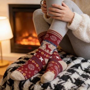 Calzini Fair Isle retrò, caldi calzini in misto lana da donna, grazioso motivo a fiocco di neve con cervi, calze invernali spesse e morbide, estetica Cabin Core