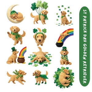 12 St. Patrick's Day Golden Retriever Clipart, Soft Faux Felt PNG Bundle