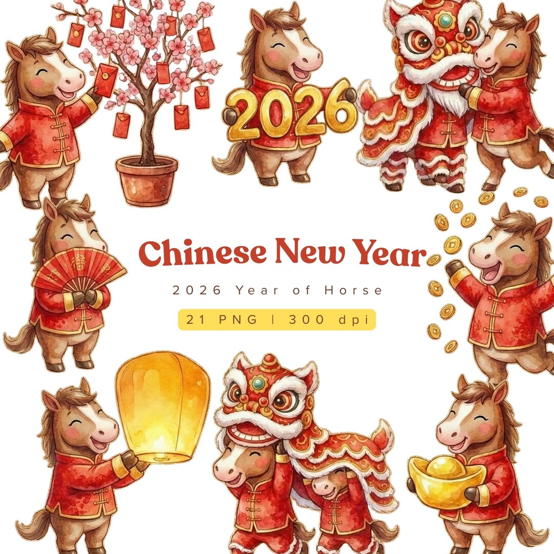 2026 Chinese Lunar New Year Horse Clipart, CNY Zodiac Horse PNG Digital ...