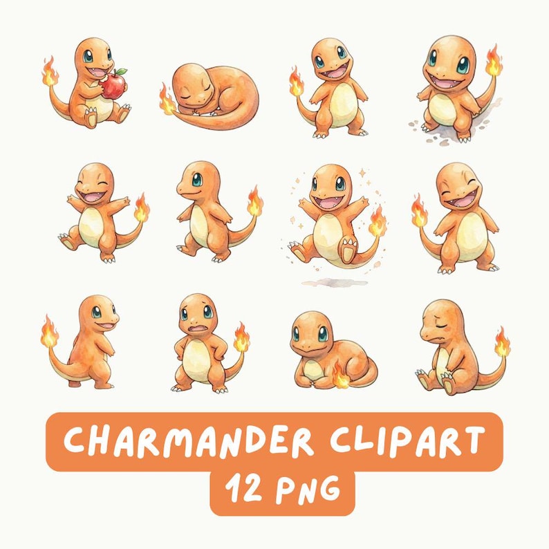 Pokemon Charmander Watercolor Clipart PNG Bundle, Gen 1 Starter Pokémon ...
