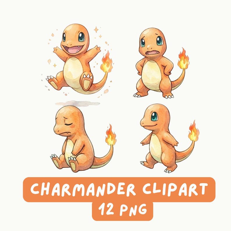 Pokemon Charmander Watercolor Clipart PNG Bundle, Gen 1 Starter Pokémon ...