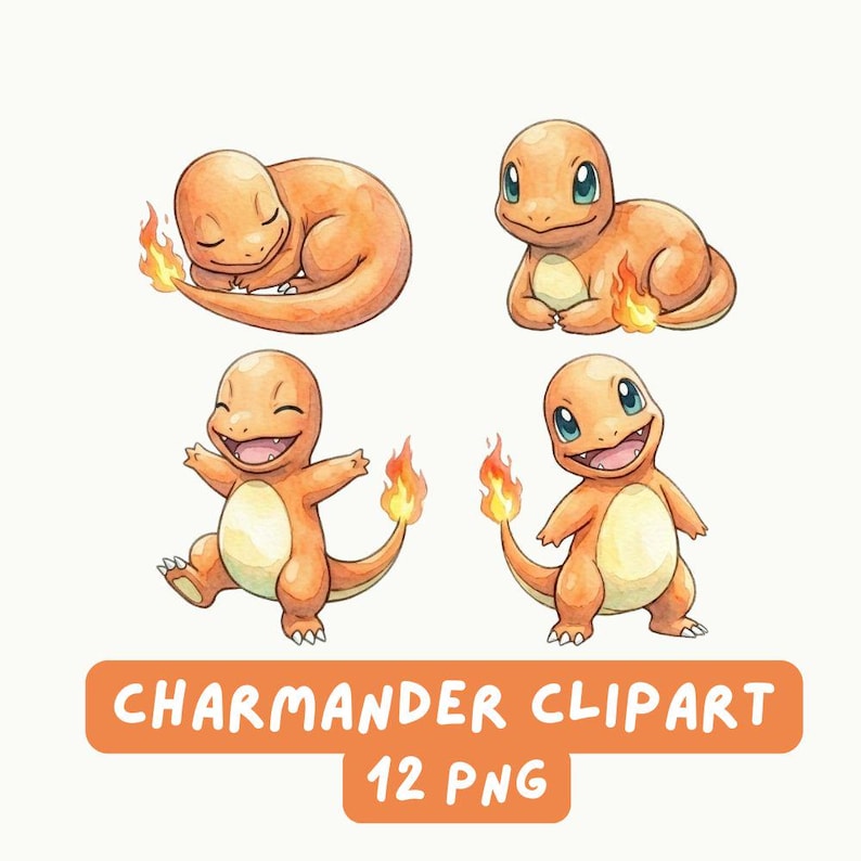 Pokemon Charmander Watercolor Clipart PNG Bundle, Gen 1 Starter Pokémon ...