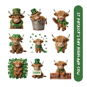 May include: A selection of illustrations featuring Highland cows celebrating St Patrick's Day. The cows are adorned with green hats, scarves, and shamrocks. The image also includes the text "ST PATRICK'S DAY HIGHLAND COW" in a vertical green bar.