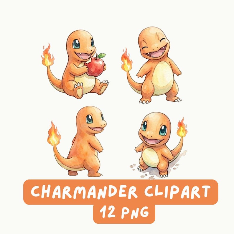 Pokemon Charmander Watercolor Clipart PNG Bundle, Gen 1 Starter Pokémon ...