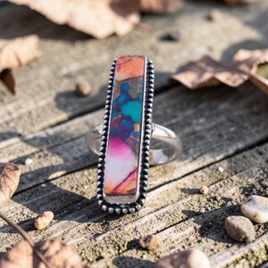 Handmade Long Baguette Oyster Copper Turquoise Ring, 925 Silver Ring