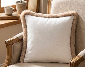 Minimalist White Velvet Pillow Cover with Beige Fringe, Solid Cream Cushion Case, Boho Neutral Throw Pillow for Couch and Bedroom Decor