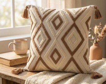 Geometric Punch Needle Pillow Cover, Terracotta Diamond Tufted Cushion with Tassels, Boho Throw Pillow